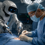 Surgeon and robot performing a surgery