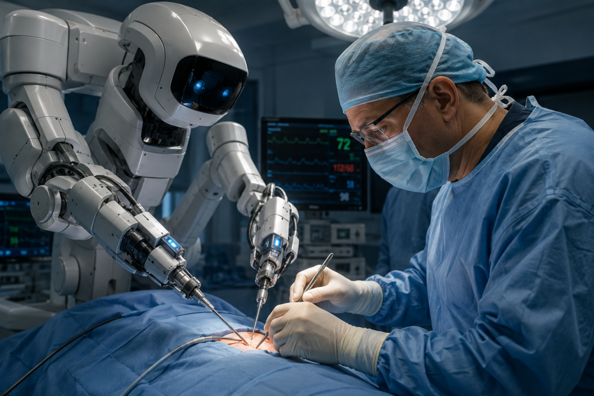 Surgeon and robot performing a surgery